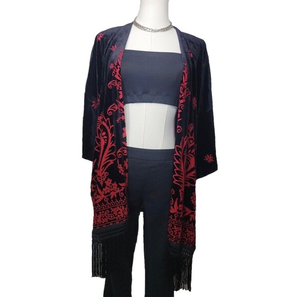 Urban Outfitters Fringe Burnout Velvet Kimono Cardigan One Size Open Front Top - Picture 1 of 10